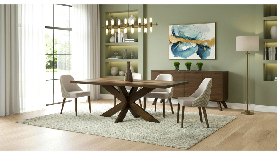 Solid wood dining table with upholstered chairs