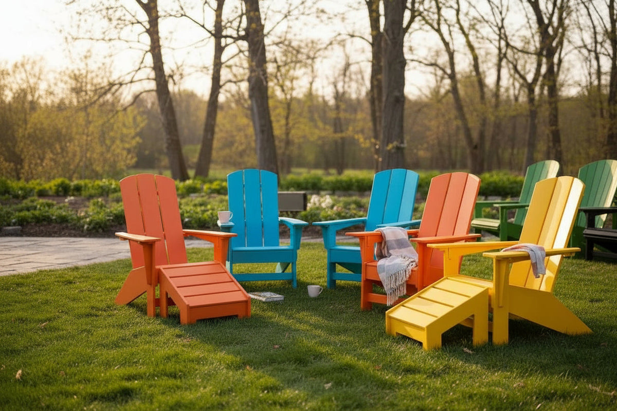 HDPE Adirondack chairs and footstools in a field